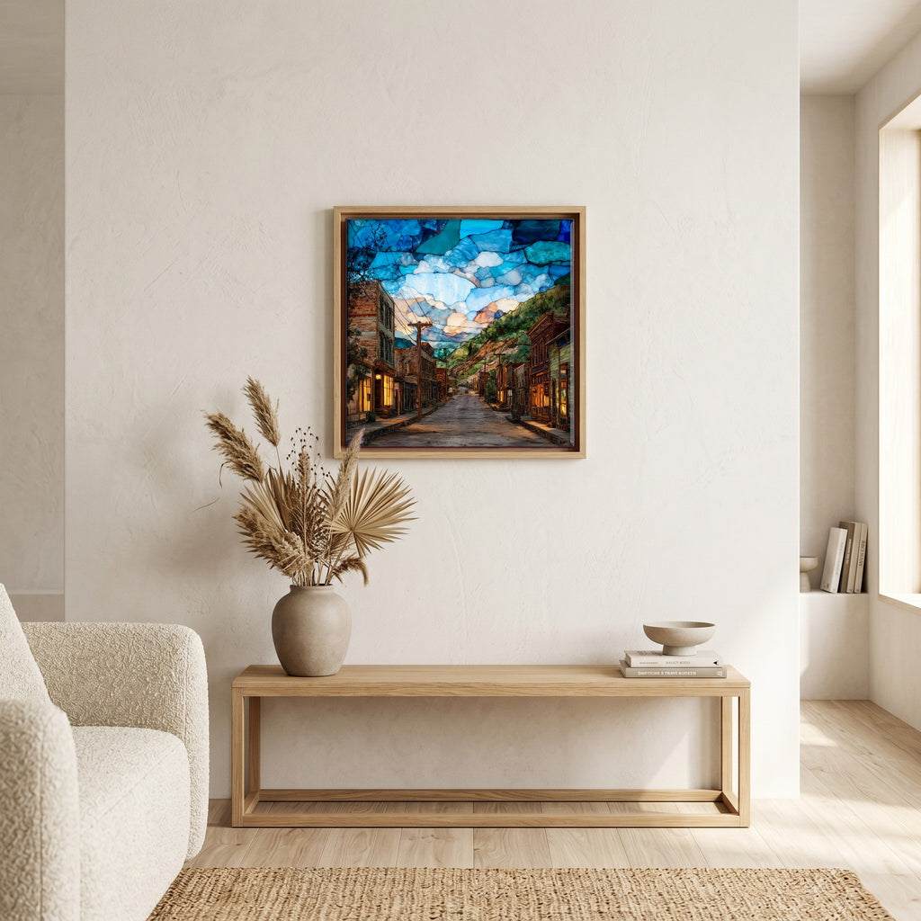 In the living room, above the sofa.