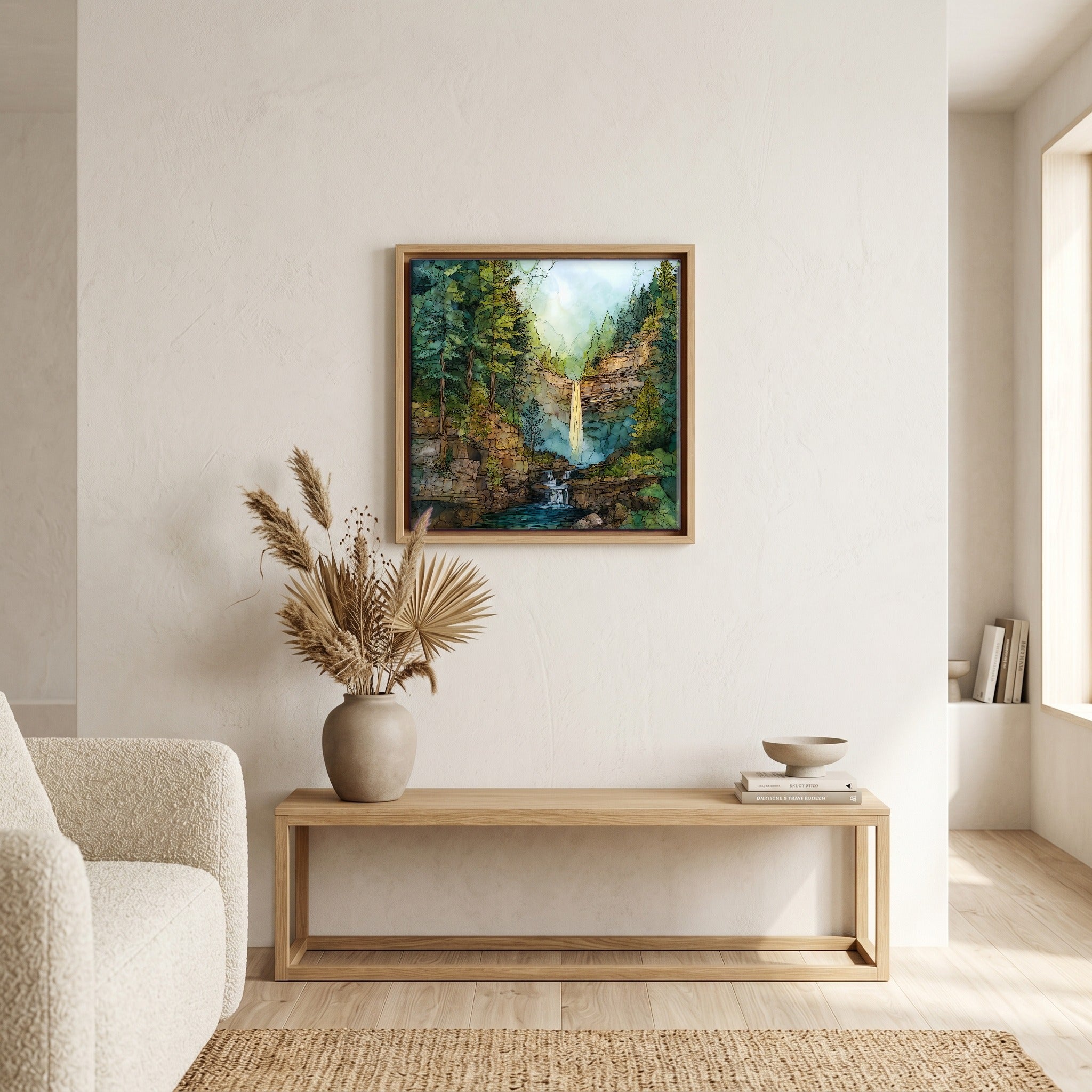 In the living room, above the sofa.