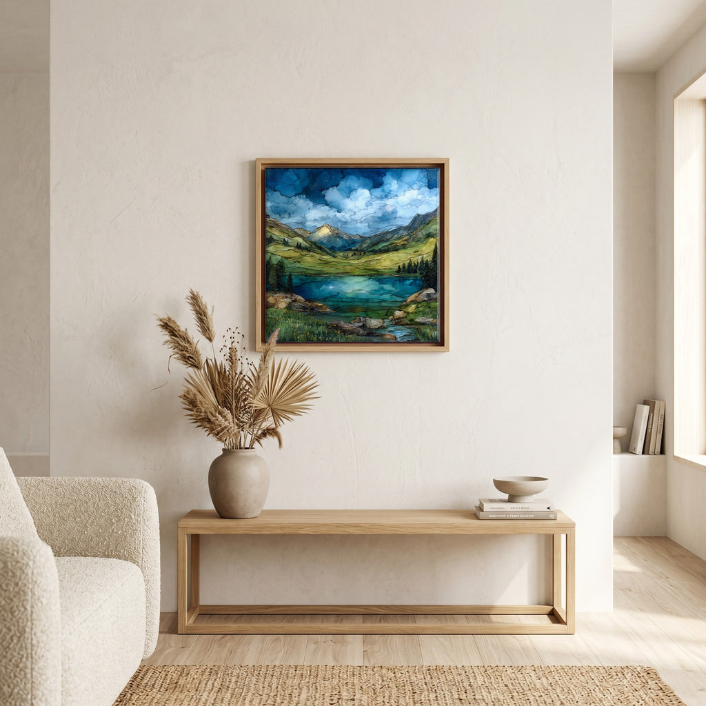 In the living room, above the sofa.
