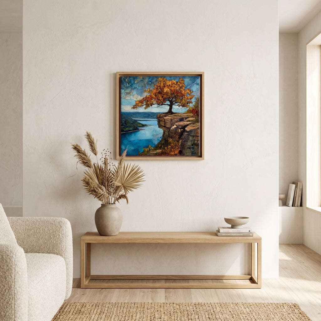 In the living room, above the sofa.