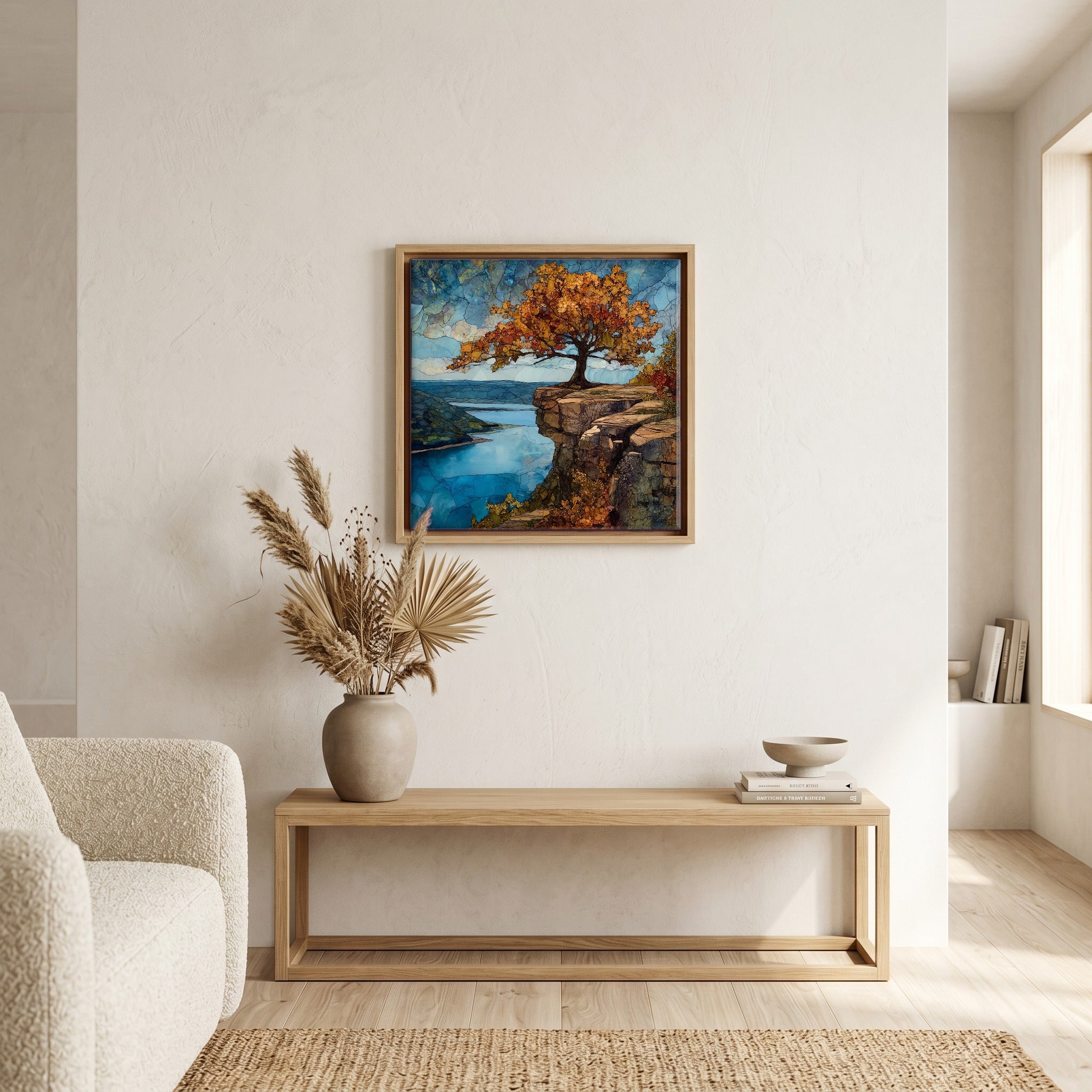In the living room, above the sofa.