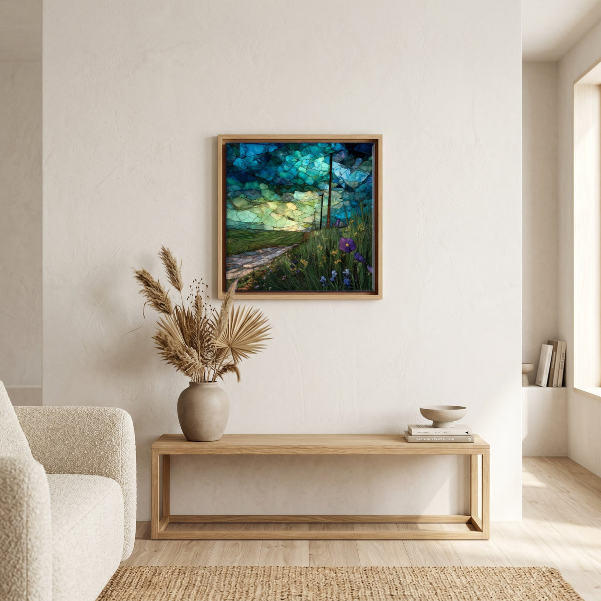 In the living room, above the sofa.