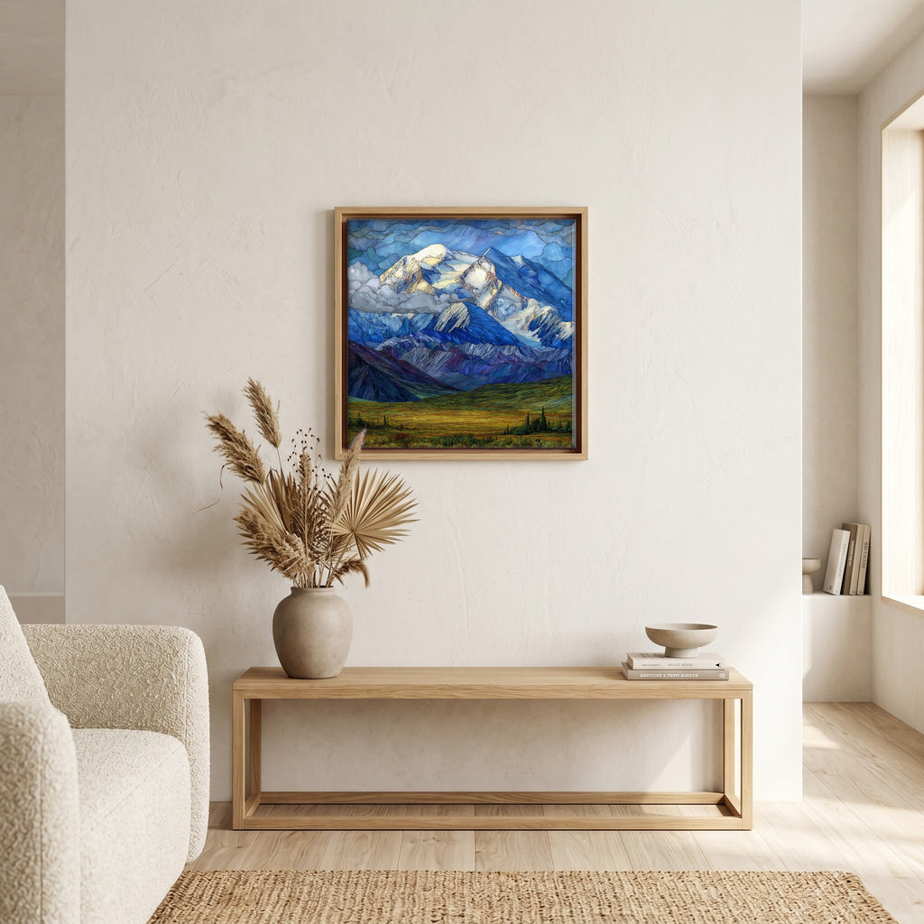 In the living room, above the sofa.