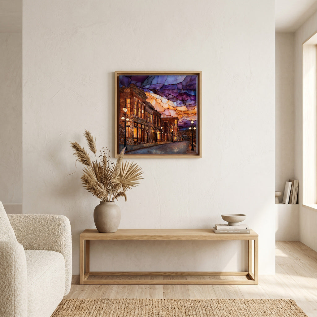 In the living room, above the sofa.