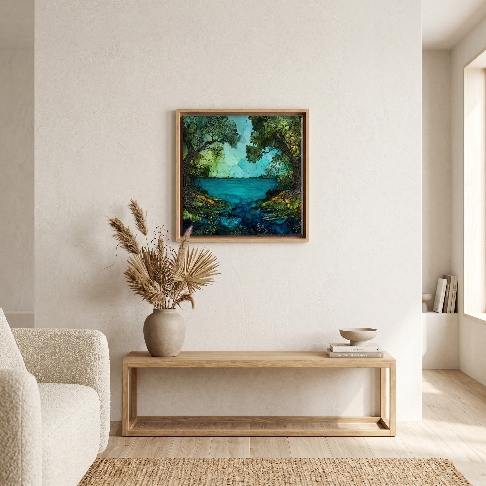 In the living room, above the sofa.