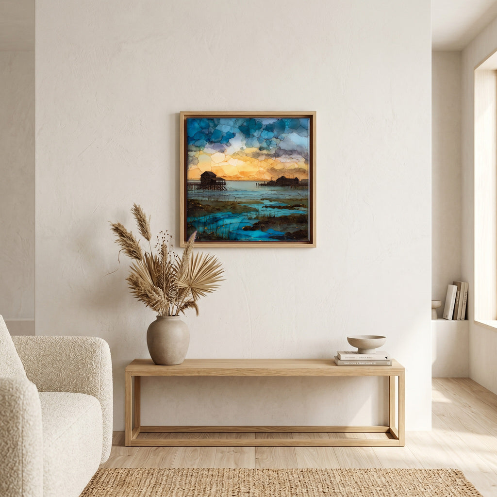 In the living room, above the sofa.
