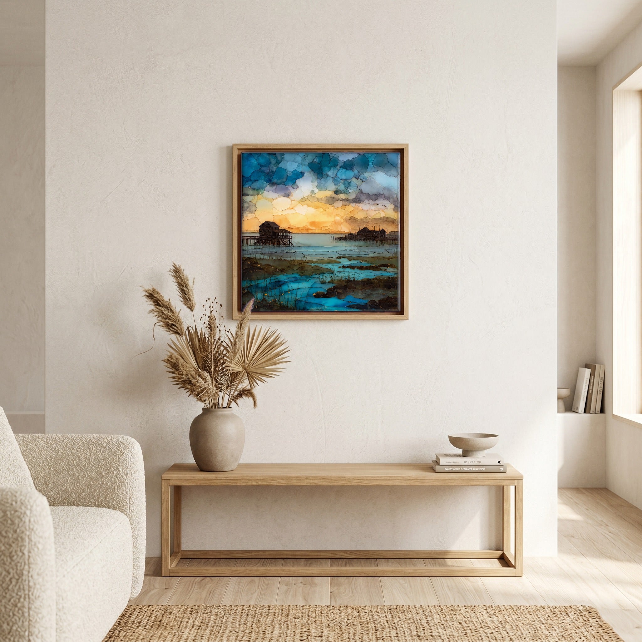 In the living room, above the sofa.