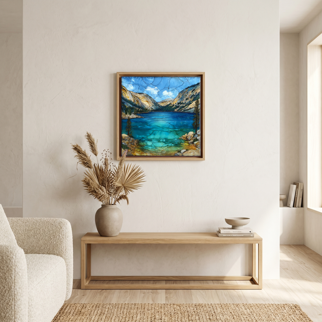 Above the bench, in a warm oak surround.