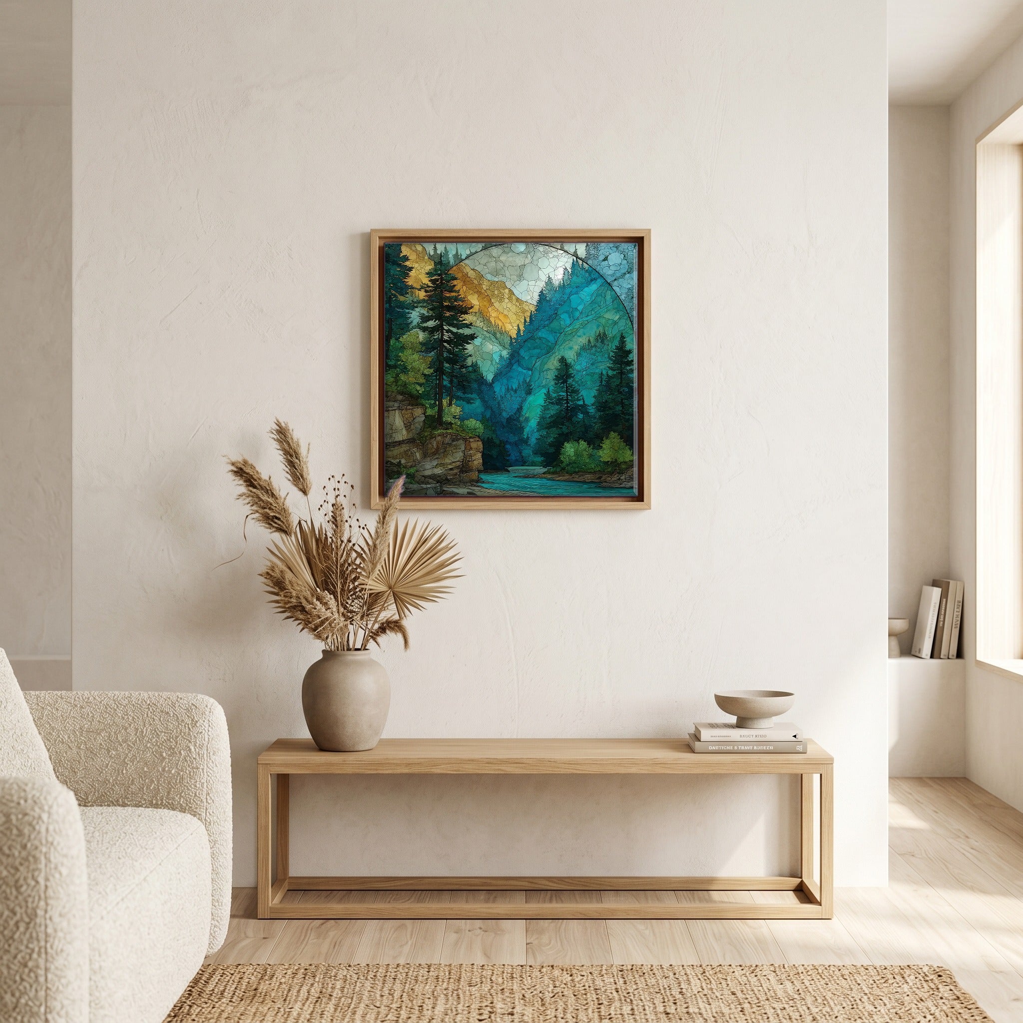 In the living room, above the sofa.