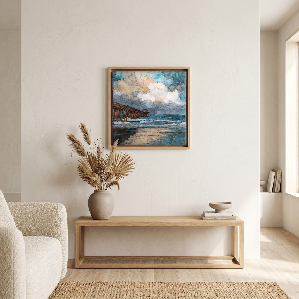 In the living room, above the sofa.