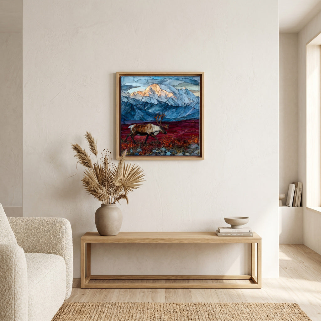 In the living room, above the sofa.