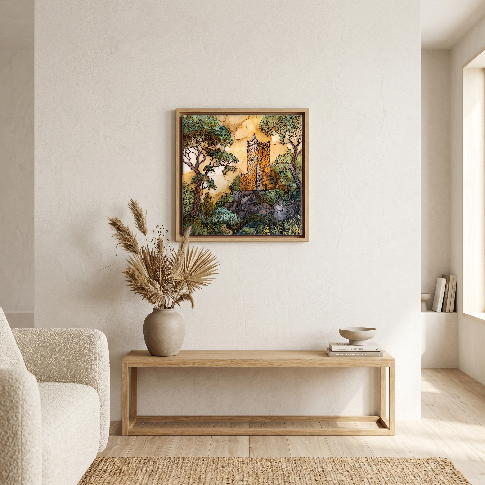 Above the bench, in a warm oak surround.