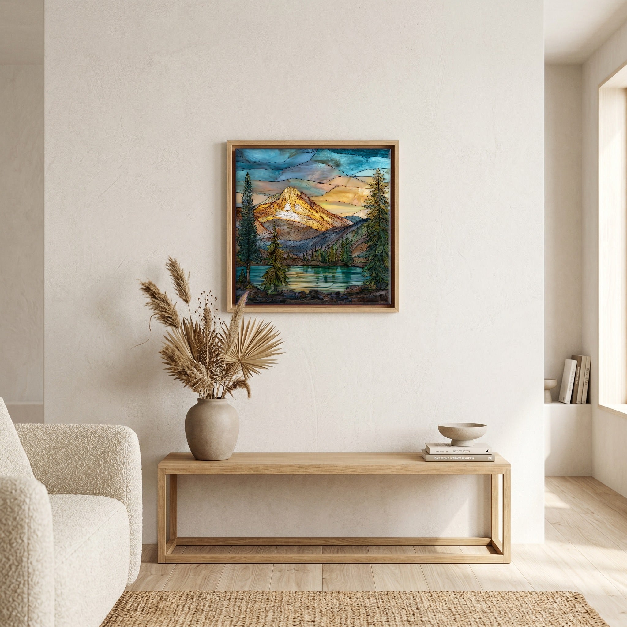 In the living room, above the sofa.