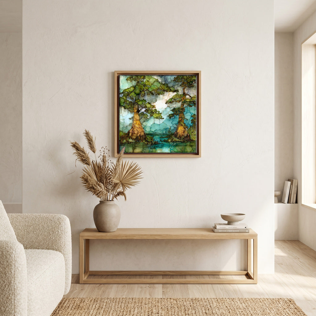 In the living room, above the sofa.