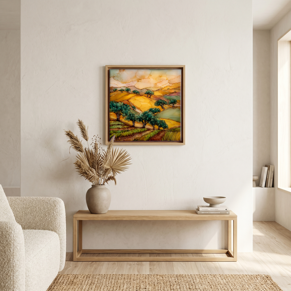 Above the bench, in a warm oak surround.