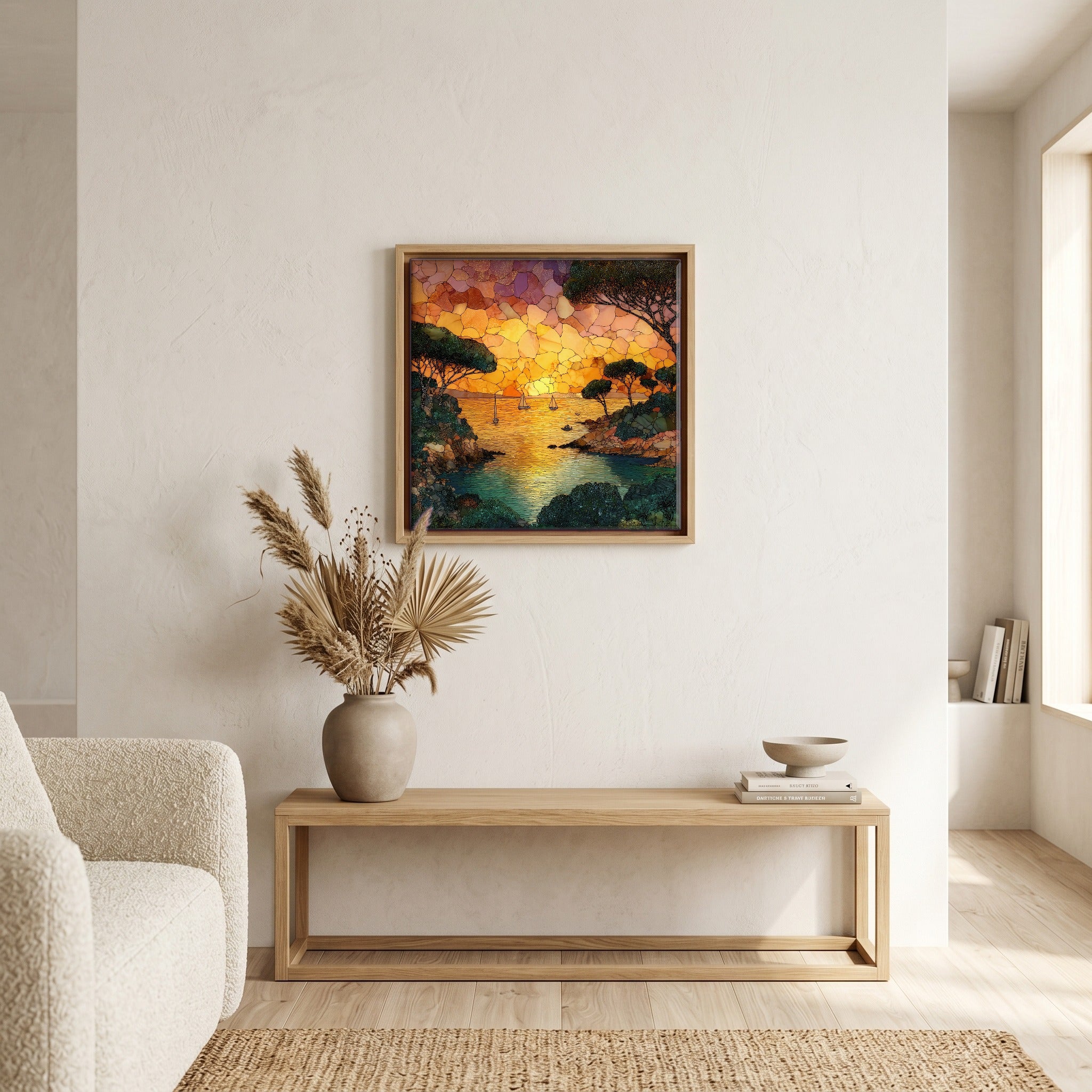 Above the bench, in a warm oak surround.