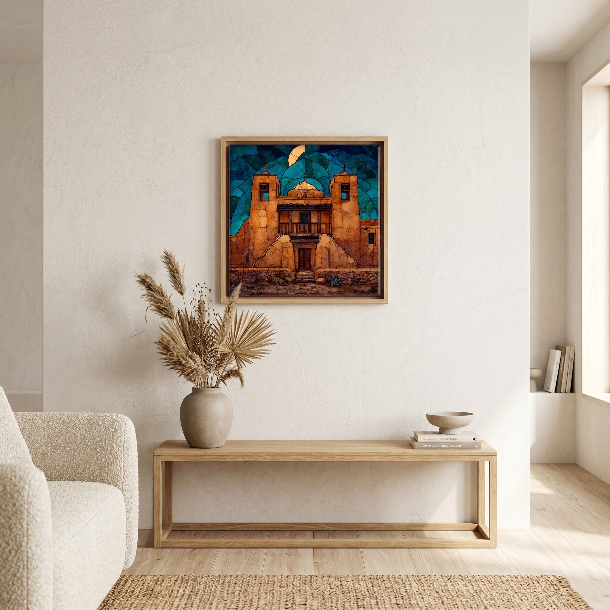 In the living room, above the sofa.