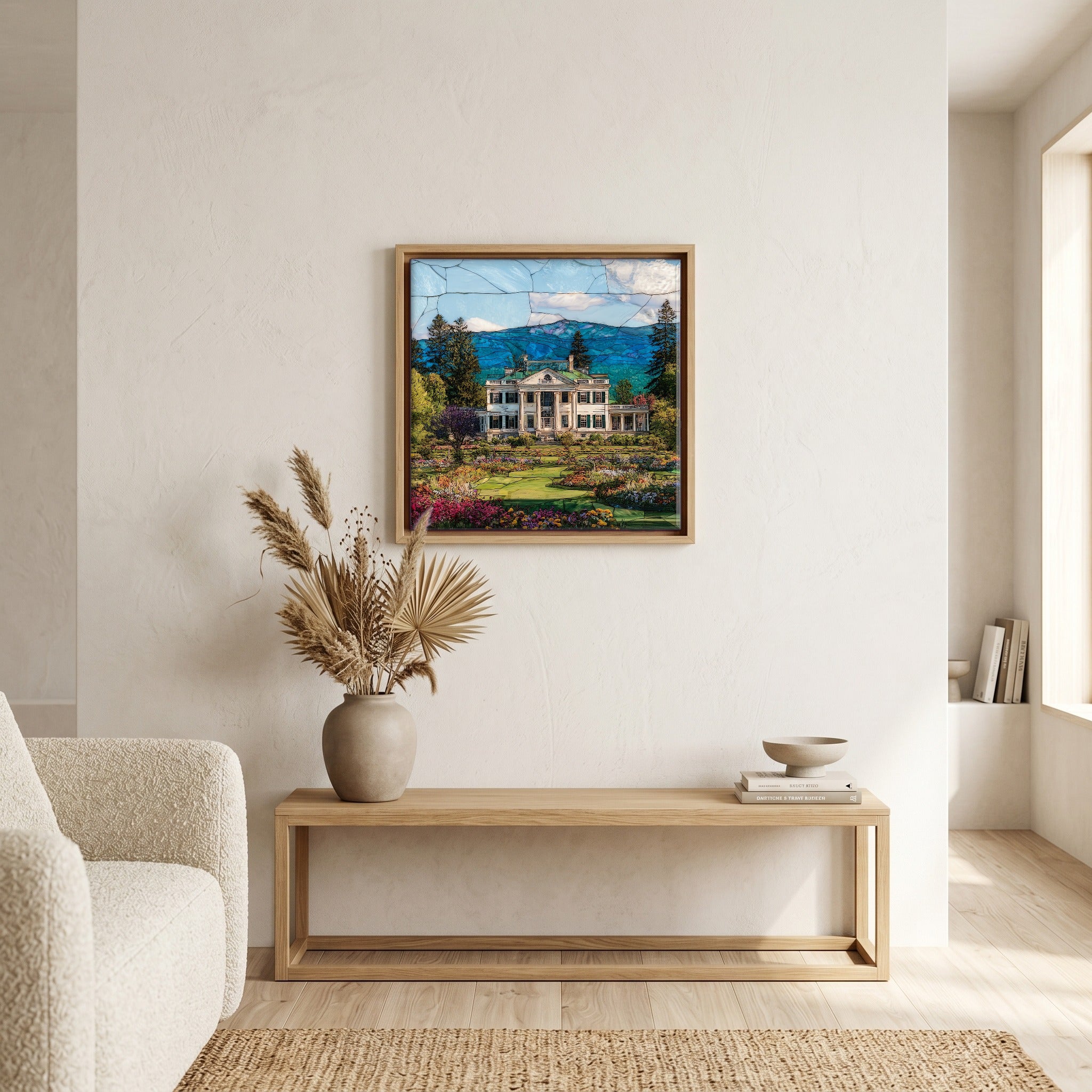 In the living room, above the sofa.