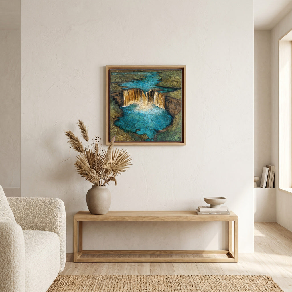 In the living room, above the sofa.