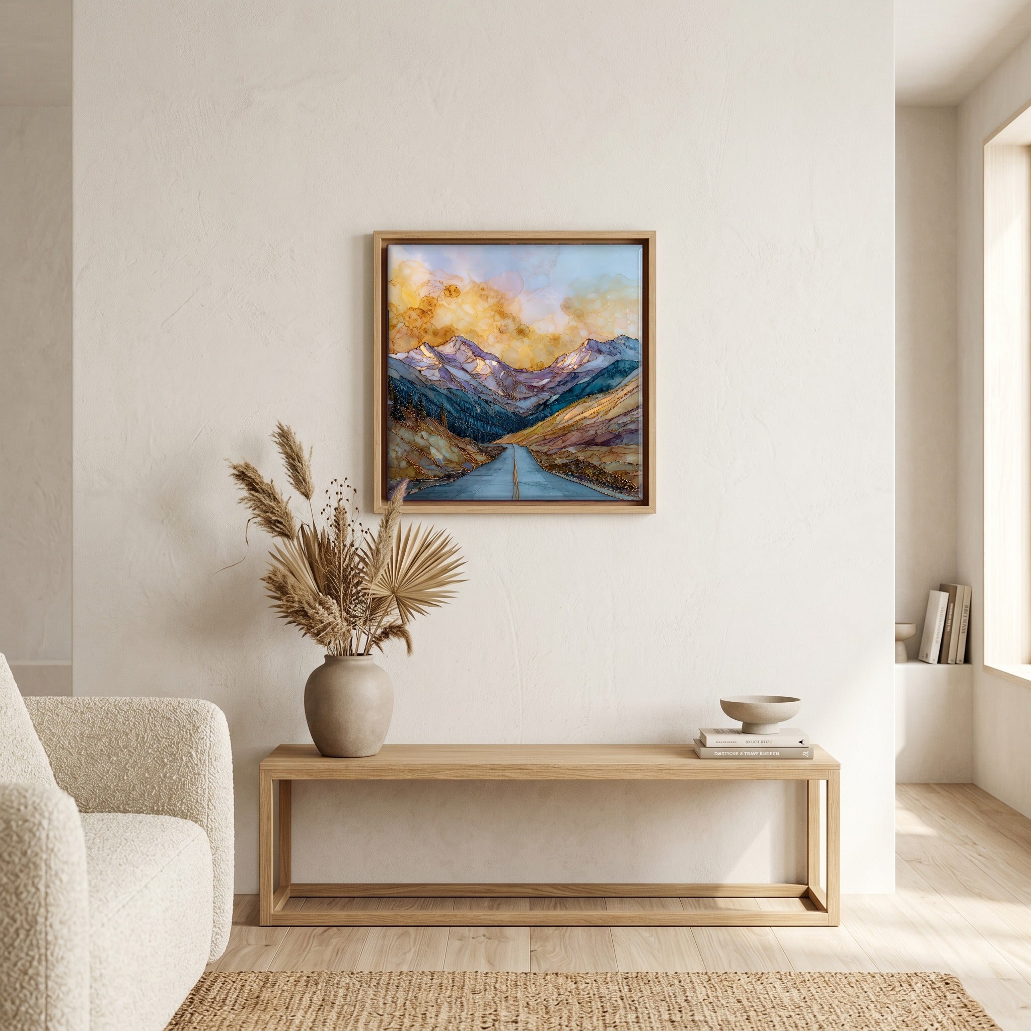Above the bench, in a warm oak surround.