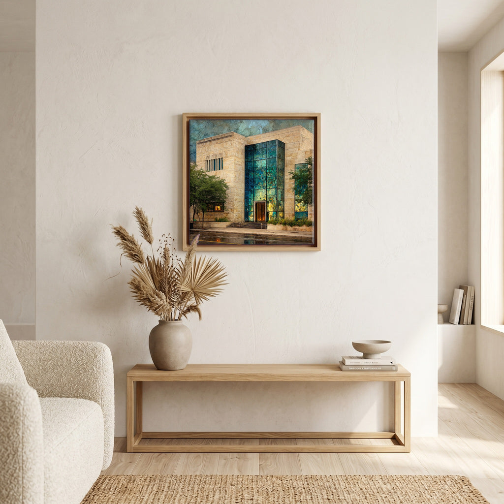 In the living room, above the sofa.