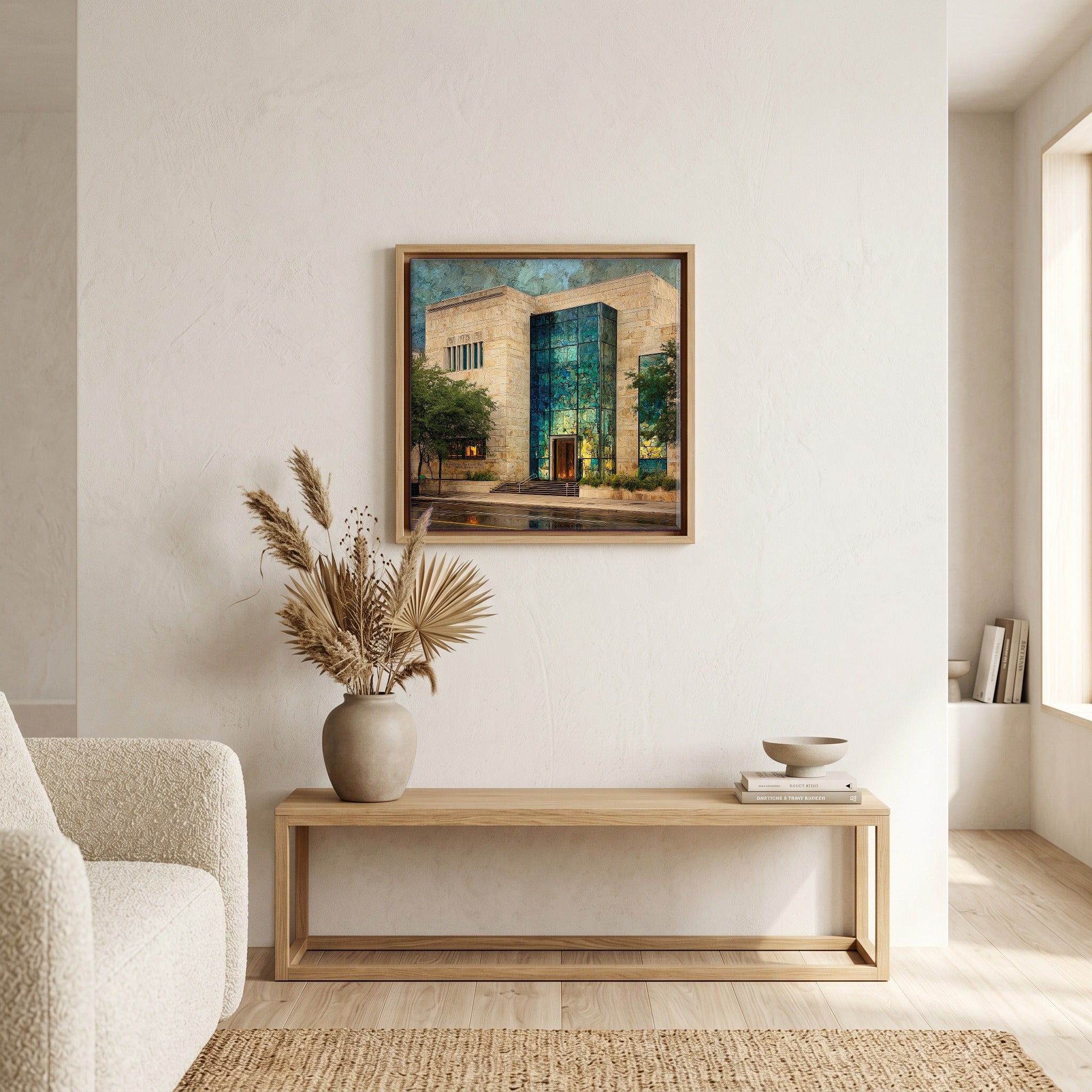 In the living room, above the sofa.