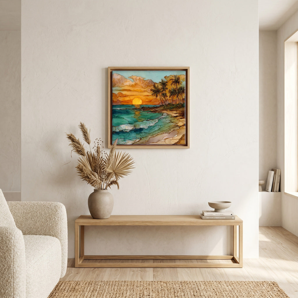 Above the bench, in a warm oak surround.