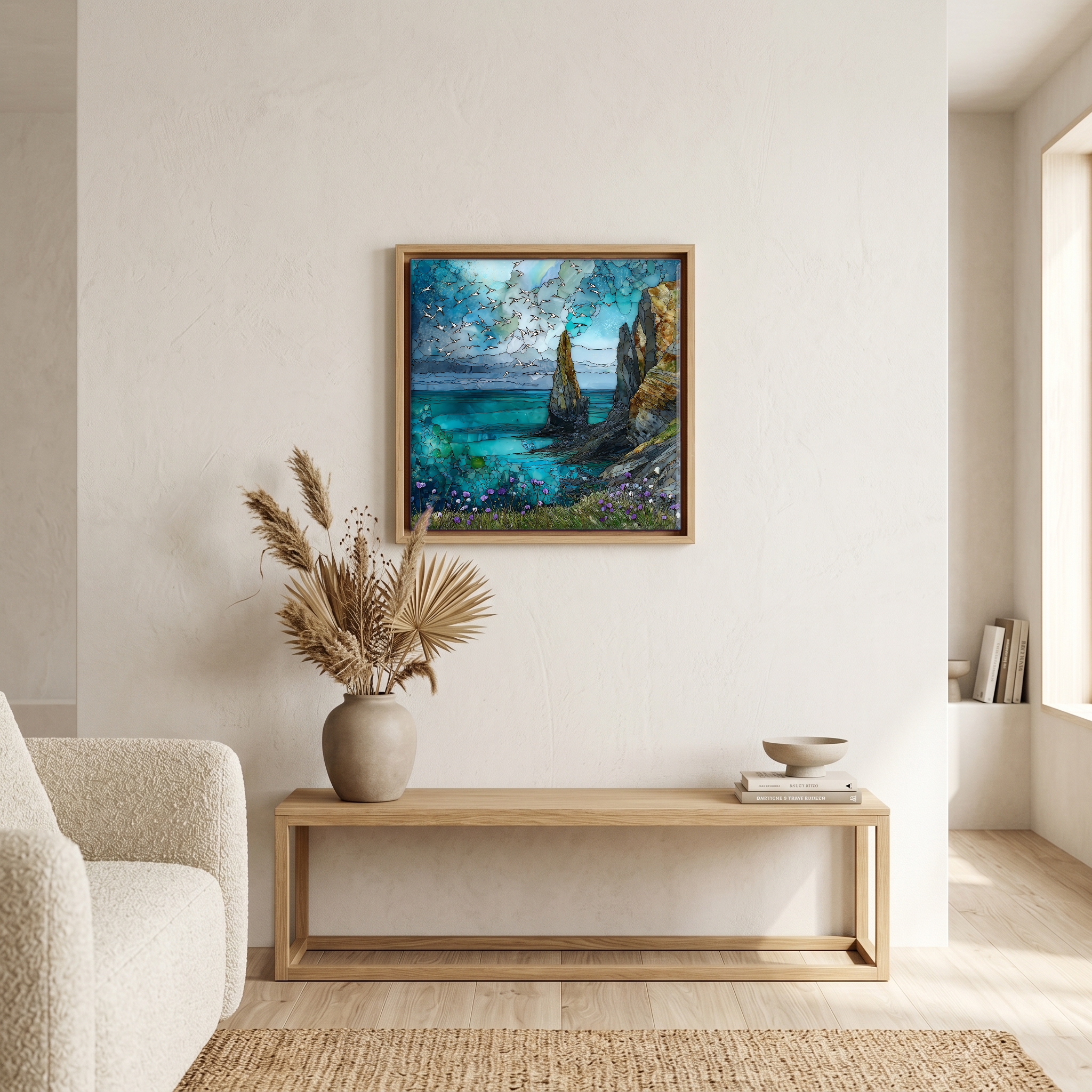 Above the bench, in a warm oak surround.
