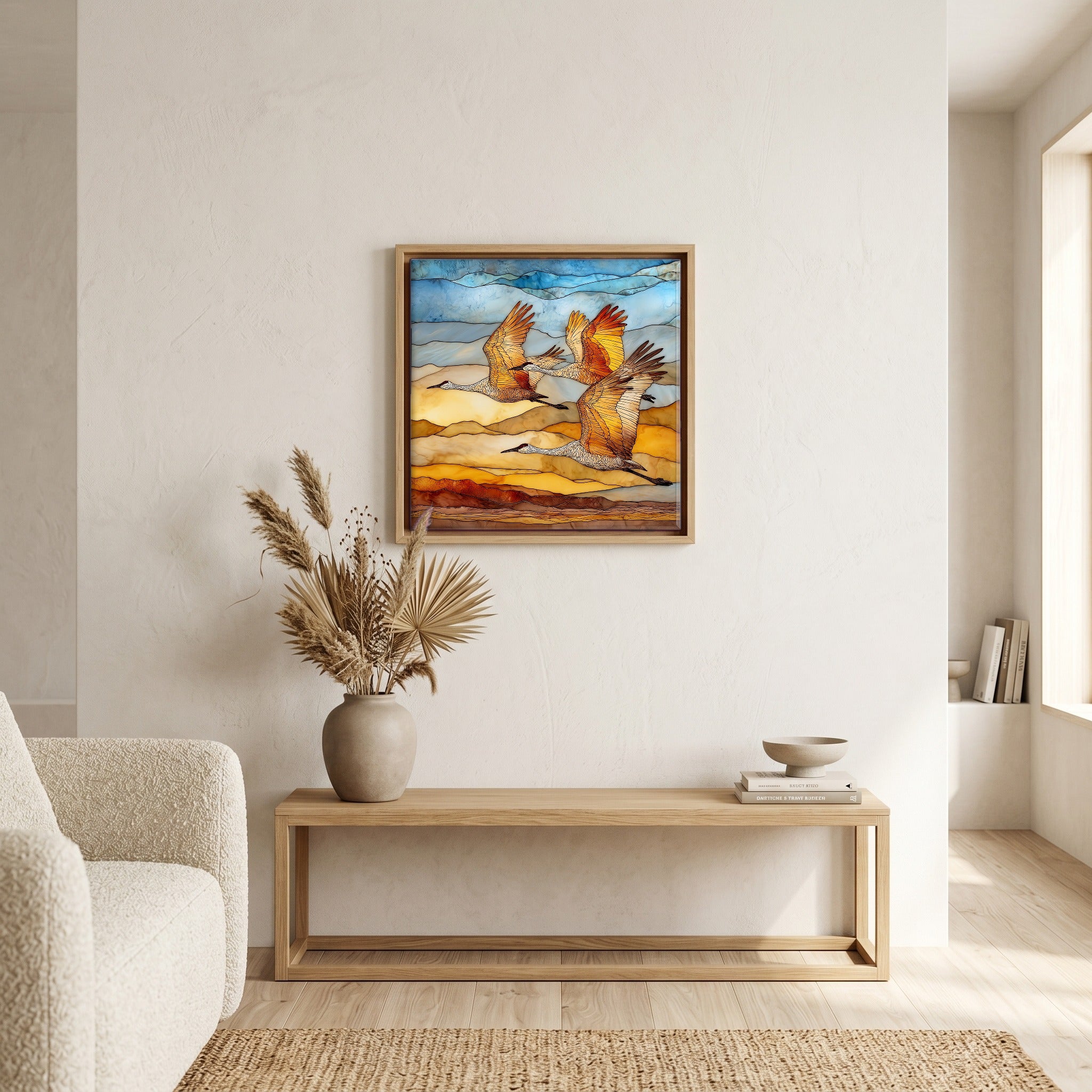 In the living room, above the sofa.