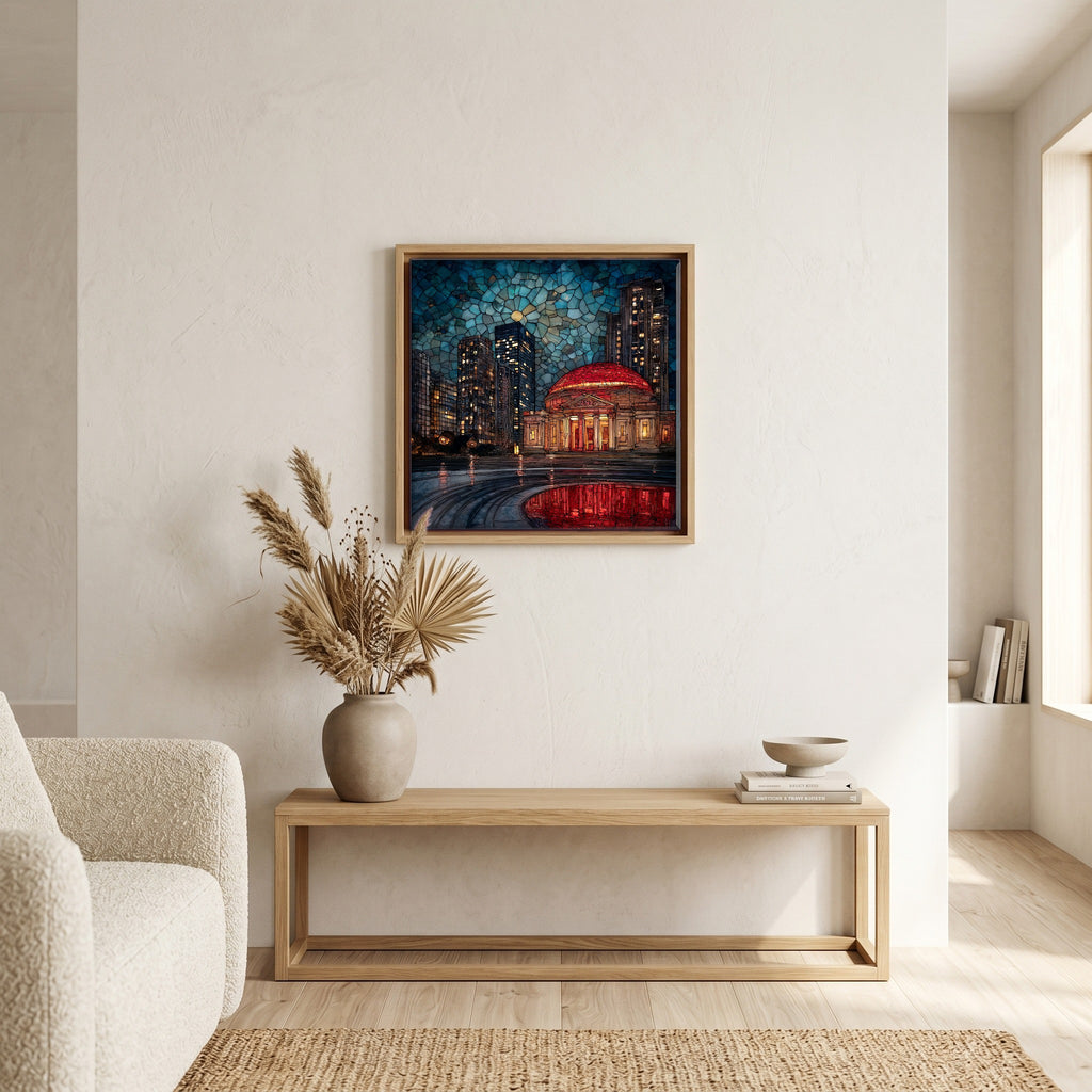 In the living room, above the sofa.
