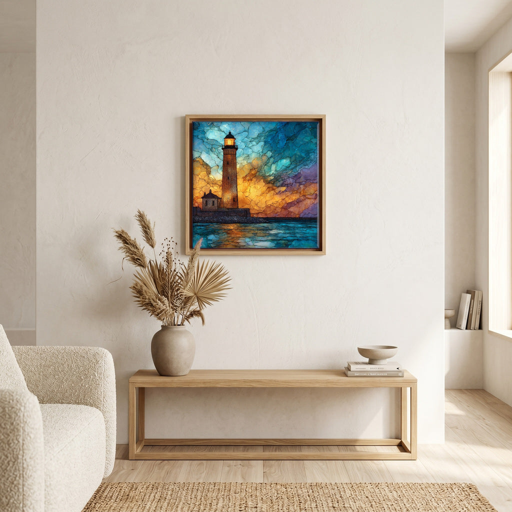 Above the bench, in a warm oak surround.
