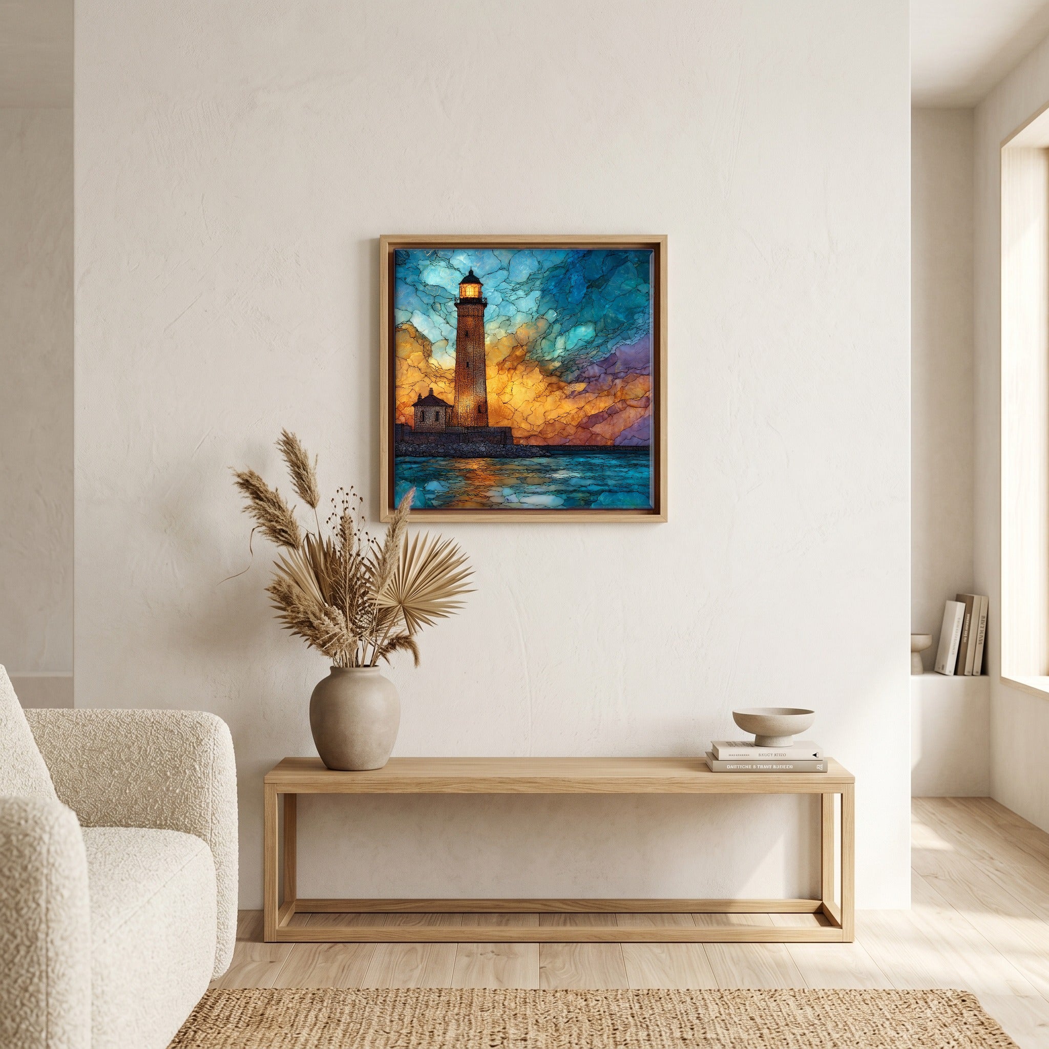 Above the bench, in a warm oak surround.