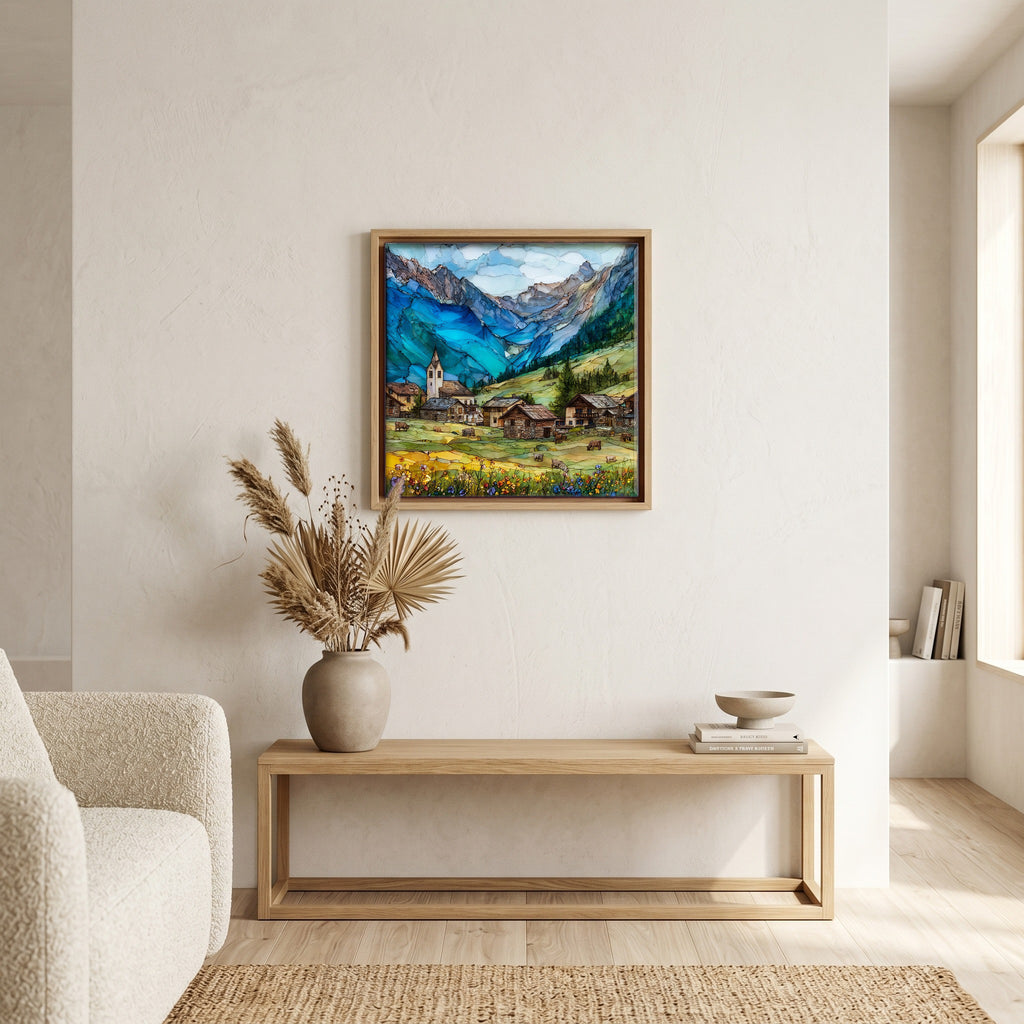 Above the bench, in a warm oak surround.