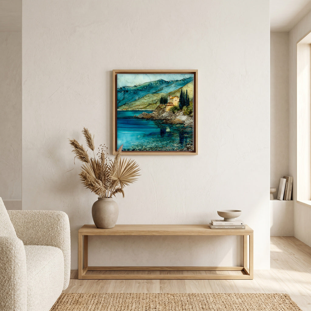 In the living room, above the sofa.