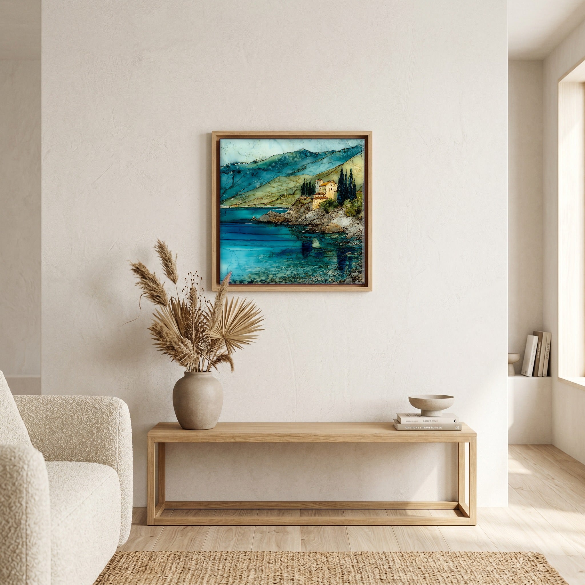 In the living room, above the sofa.