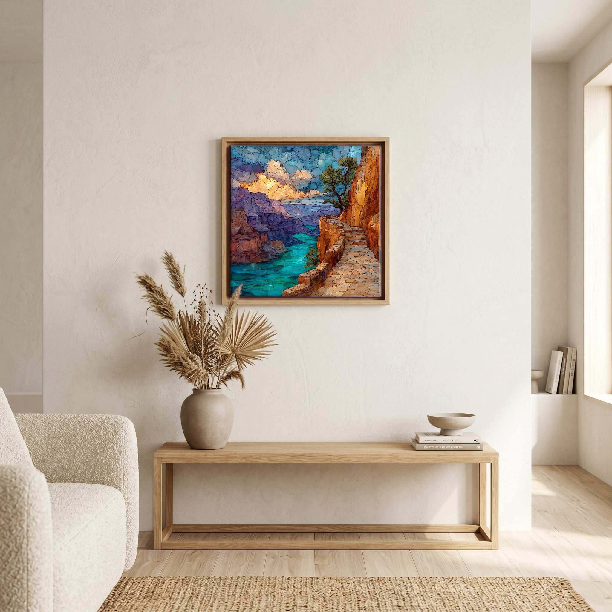 In the living room, above the sofa.