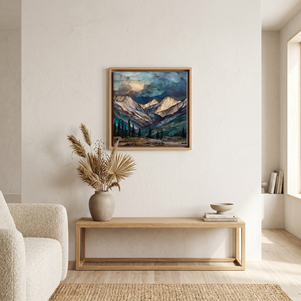 In the living room, above the sofa.