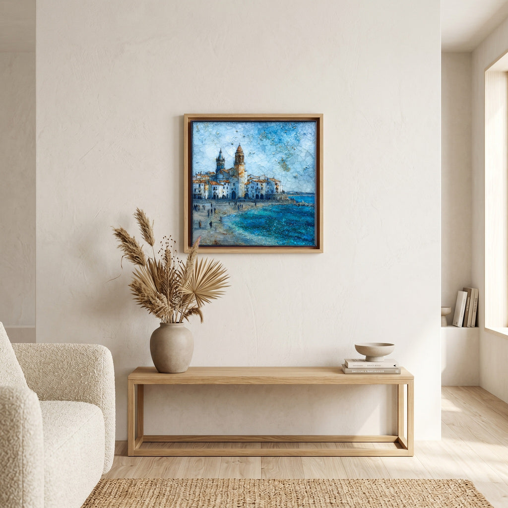 In the living room, above the sofa.