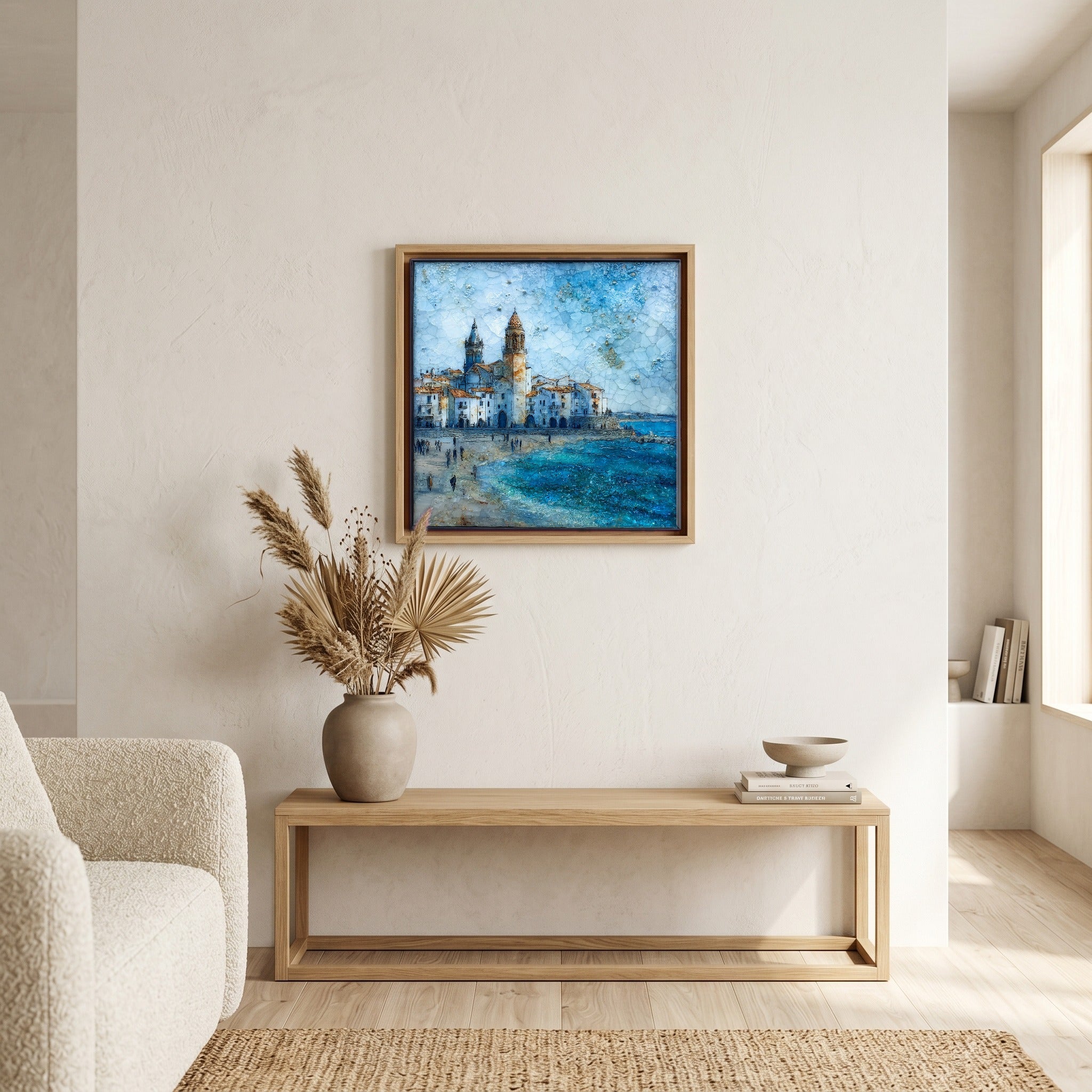 In the living room, above the sofa.