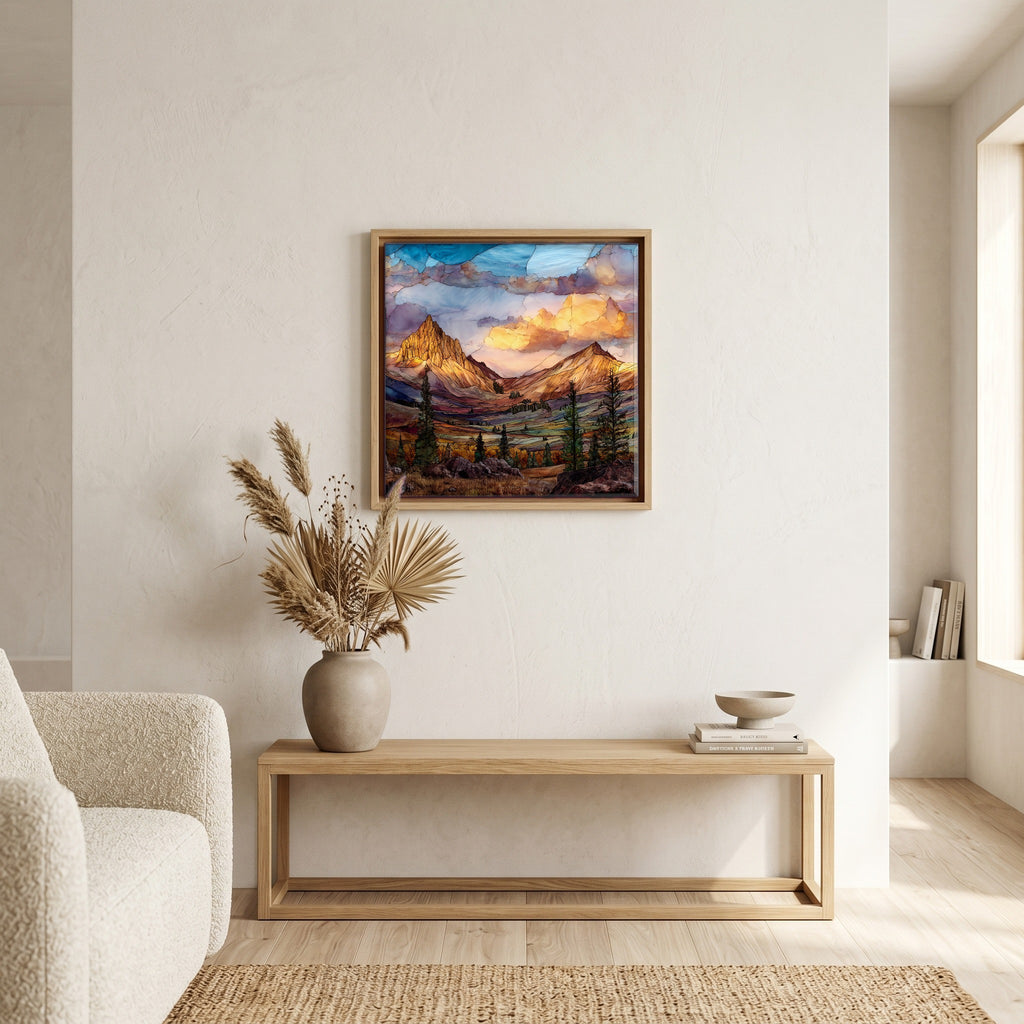 In the living room, above the sofa.