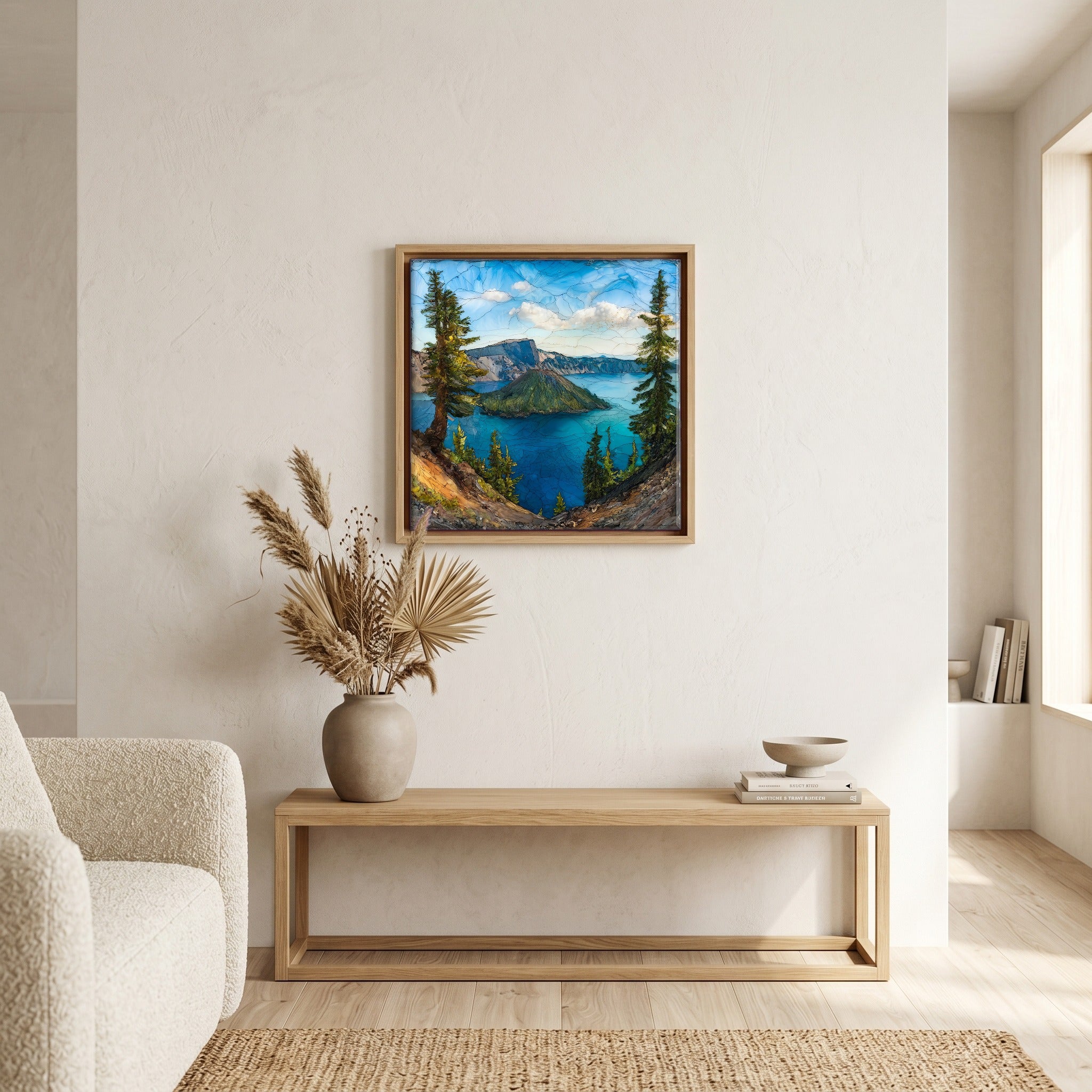 In the living room, above the sofa.