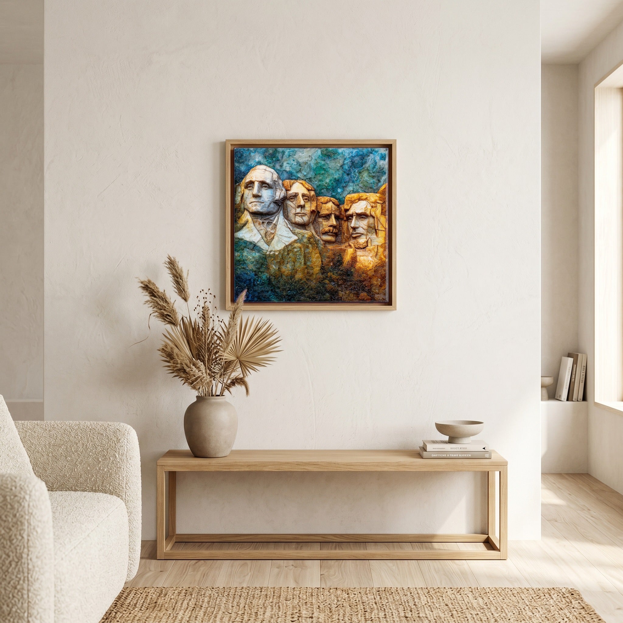 In the living room, above the sofa.