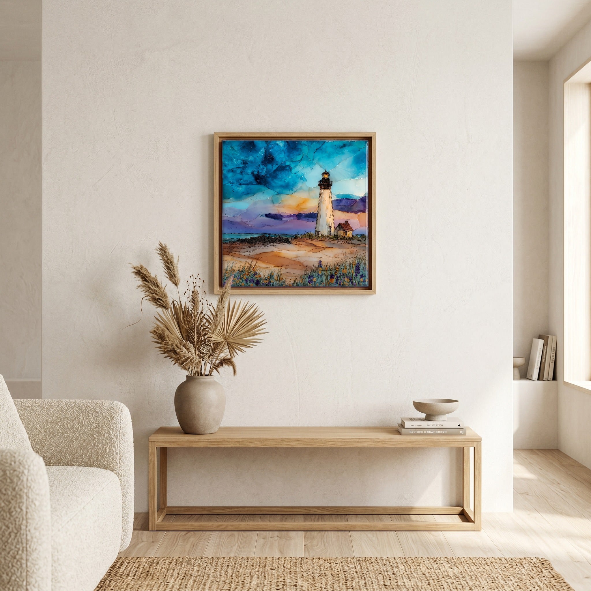 In the living room, above the sofa.