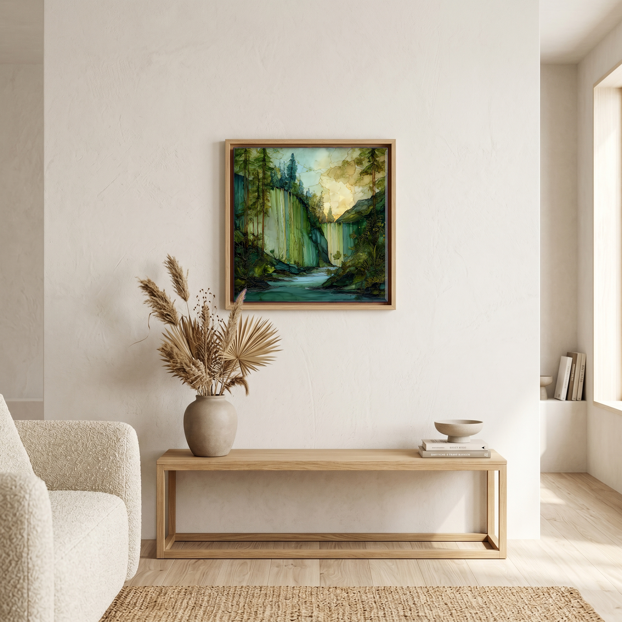 Above the bench, in a warm oak surround.