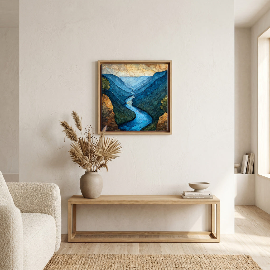In the living room, above the sofa.
