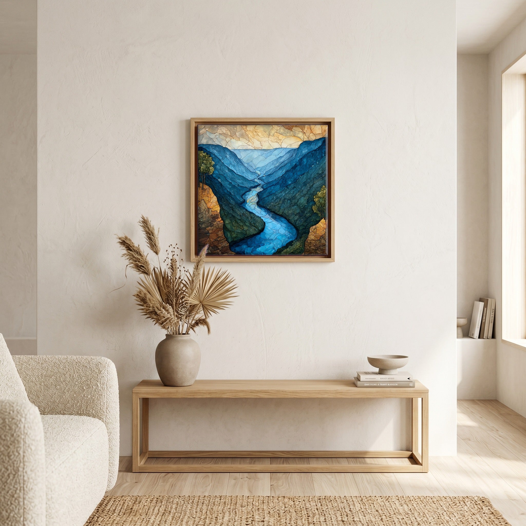 In the living room, above the sofa.