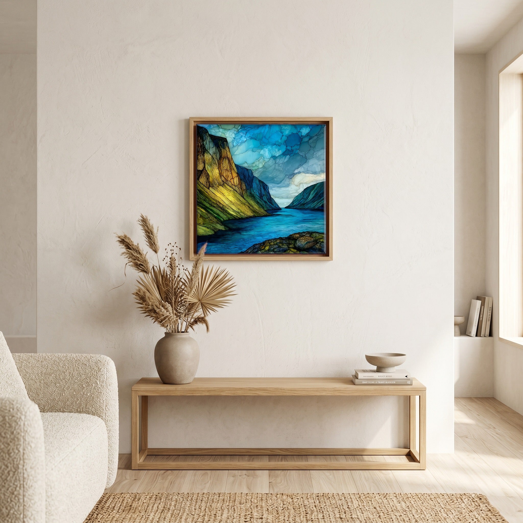 In the living room, above the sofa.