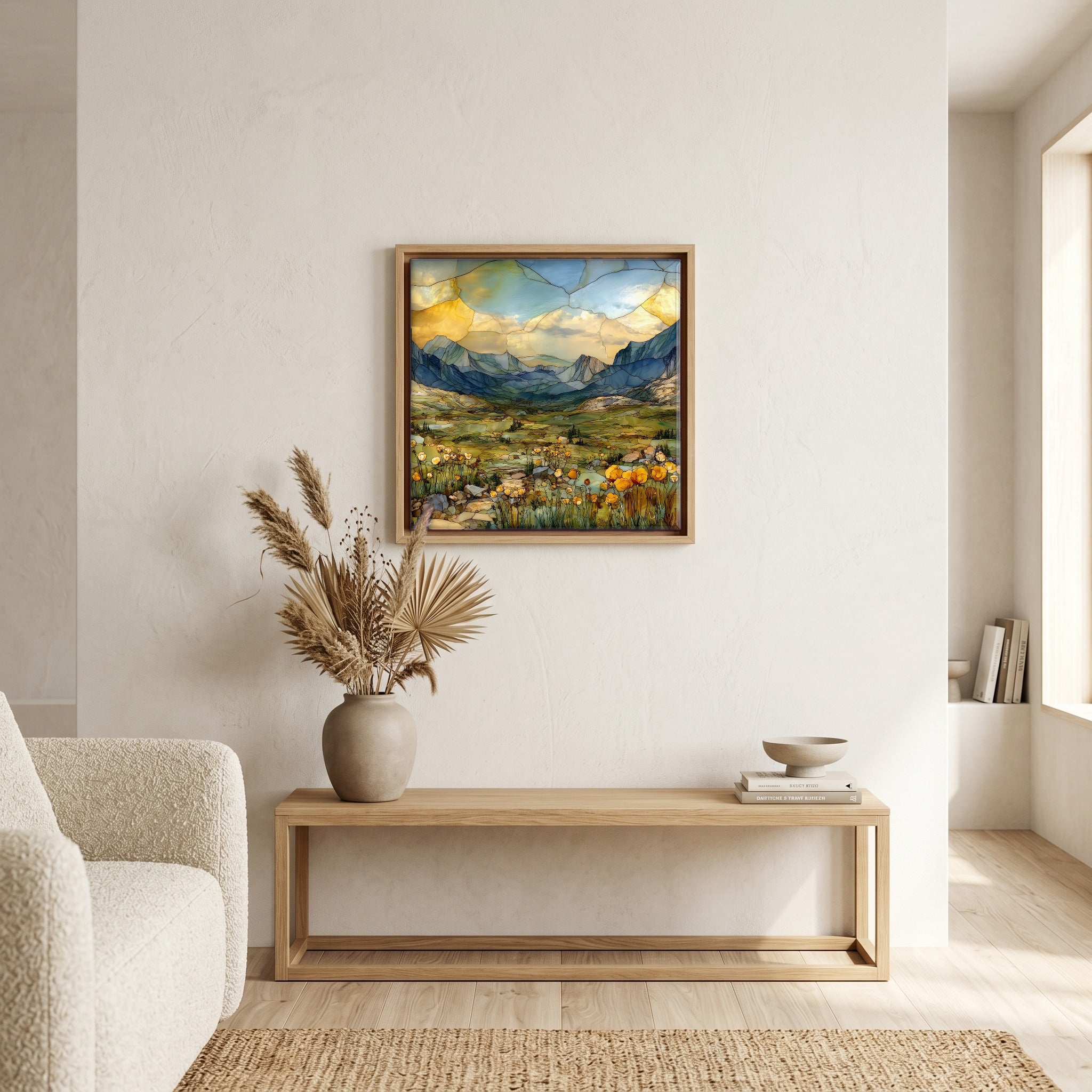 Above the bench, in a warm oak surround.