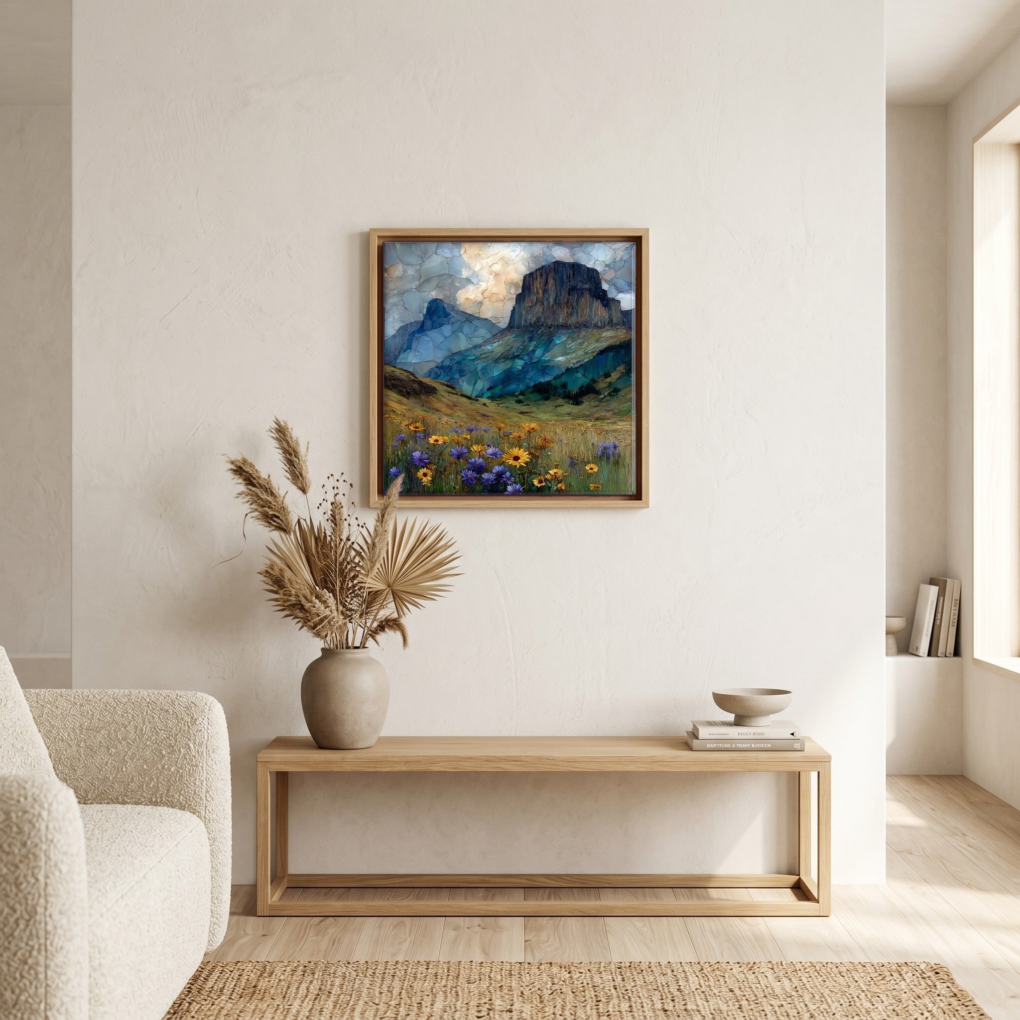 In the living room, above the sofa.