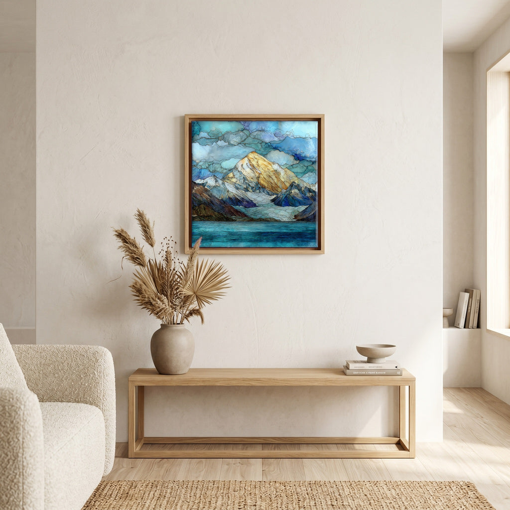 In the living room, above the sofa.